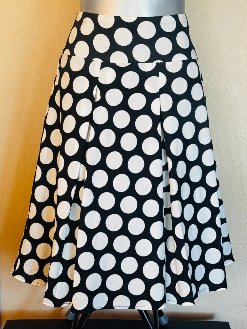 Autograph New York 8 Skirt A-line Black White Polka Dot Pleated Lined Cotton